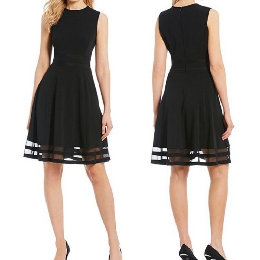 Calvin Klein Black Sleeveless A-Line Dress with Sheer Hem Stripes
